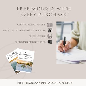 May include: A digital illustration of a wedding planning checklist and 25 wedding budget tips. The image also includes text that says "FREE BONUSES WITH EVERY PURCHASE!" and lists Canva basics guide, wedding planning checklist, print guide, and wedding budget tips.