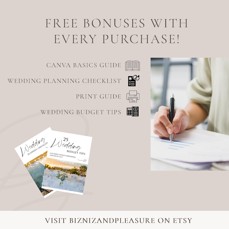 May include: A digital illustration of a wedding planning checklist and 25 wedding budget tips. The image also includes text that says "FREE BONUSES WITH EVERY PURCHASE!" and lists Canva basics guide, wedding planning checklist, print guide, and wedding budget tips.