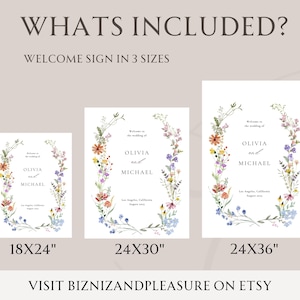 May include: A wedding welcome sign with a floral wreath design in three sizes: 18x24 inches, 24x30 inches, and 24x36 inches. The sign features the names Olivia and Michael and the text "Welcome to the wedding of".