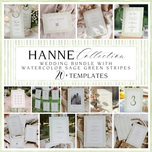 Sage Green Striped Elegant Wedding Signs Bundle, Green Striped Bundle, Classic Wedding Stationery, Editable Template, Sage Green, HANNE