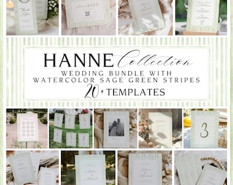 Sage Green Striped Wedding Stationery Bundle, Editable Templates (Digital Download)