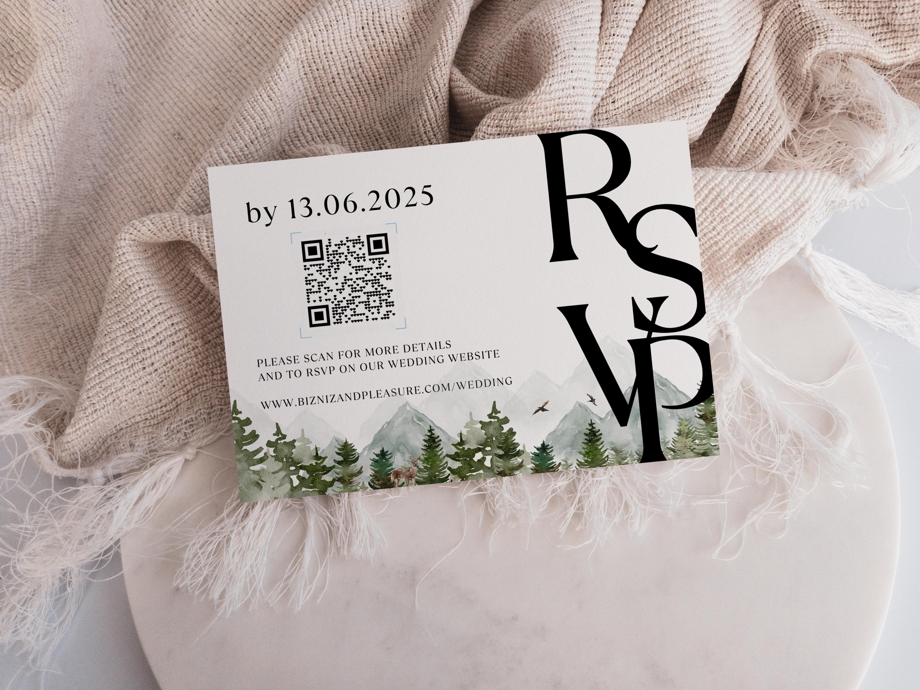 Mountain Wedding Invitation Template Set, Woodland Forest Pine