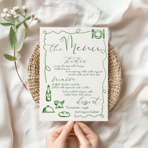 Menu personalizado desenhado à mão, modelo de menu de casamento com rabiscos ilustrados, modelo de menu de casamento divertido desenhado à mão e personalizável
