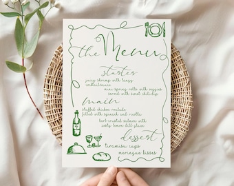 Hand Drawn Custom Menu Illustrated Squiggle Wedding Menu Template Hand Drawn Fun Wedding Customizable Menu Template