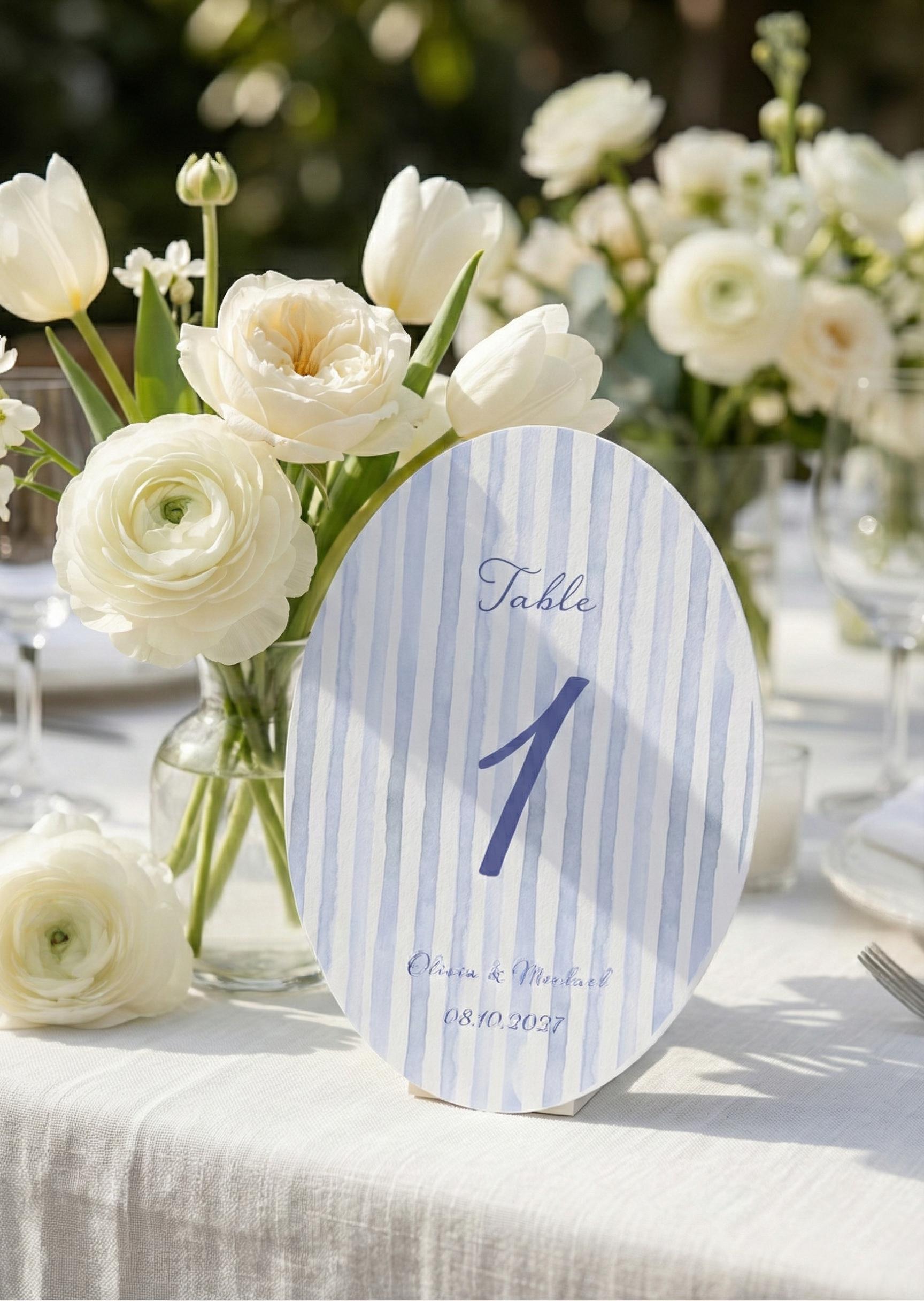 Blue Striped Oval Table Number Template Wedding Table Sign Editable ...