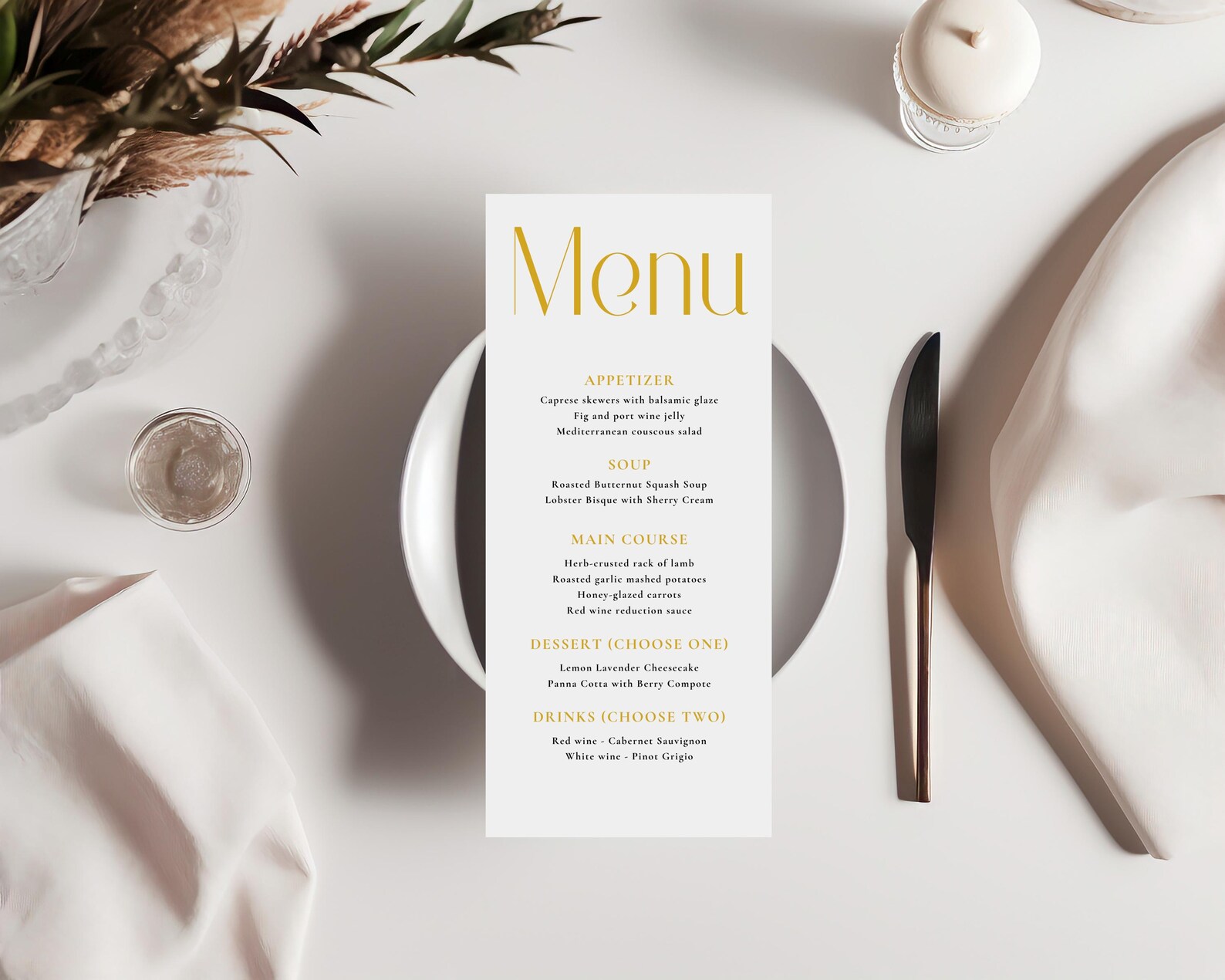 Editable Gold Menu Card Template, Wedding Dinner Menu Gold, Printable ...