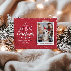 Foto Weihnachtskartenvorlage, Frohe Weihnachten Karte, Bogen Feiertagskarte, Klassische Botanische Weihnachtskarte, Digitale Weihnachtskarten Vorlage