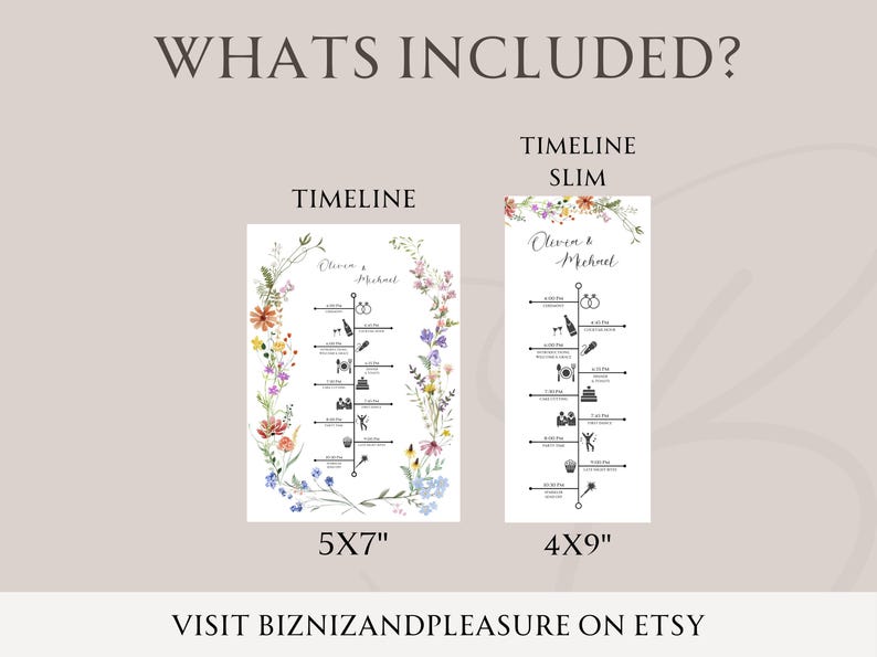 May include: Two wedding timeline prints, one 5x7 inches and the other 4x9 inches, with floral accents and event icons. The text "Olivia & Michael" is displayed at the top of each timeline. The text "WHAT'S INCLUDED?" is at the top of the image. Visit BIZNIZANDPLEASURE ON ETSY.