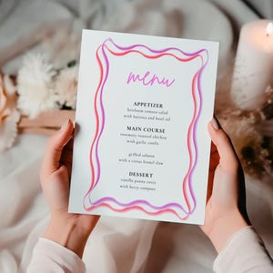 Menú retro rosa, plantilla de menú ondulado rosa, dibujado a mano, menú de boda/despedida de soltera, imprimible, plantilla digital, descarga instantánea, ondulado y curvilíneo