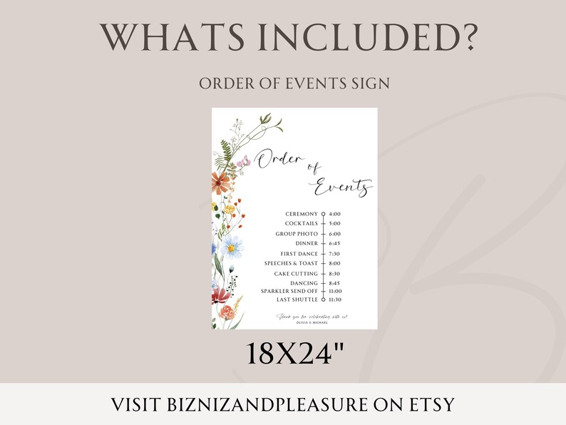May include: A printable wedding sign with a floral border and a list of events with times. The sign is 18 inches by 24 inches and says "Order of Events".
