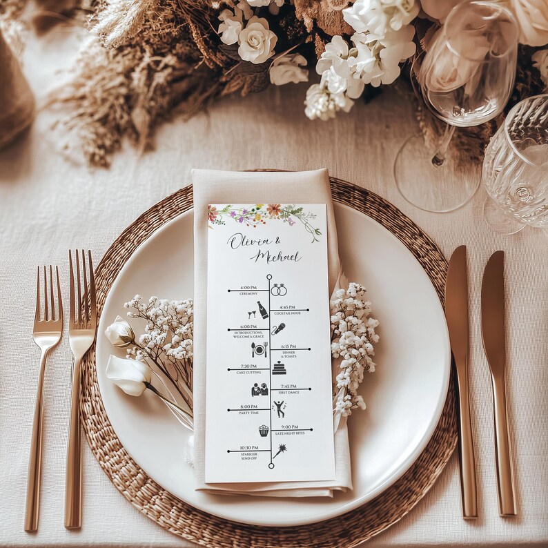 May include: A wedding table setting with a white plate, gold utensils, and a menu card. The menu card features a floral design and a timeline of events. The setting includes a woven placemat, a folded napkin, and decorative flowers.