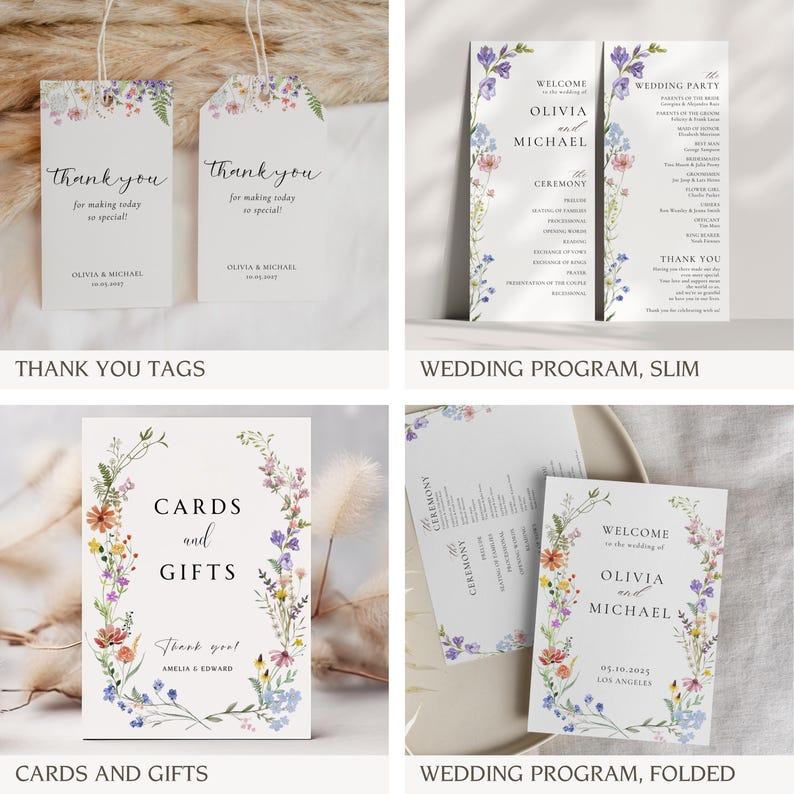 K&ouml;nnte beinhalten: Ein Set druckbarer Hochzeitspapeterie mit einem floralen Design mit Aquarellblumen in Rosa-, Blau- und Gelbt&ouml;nen. Das Set enth&auml;lt Dankeskarten, ein schlankes Hochzeitsheft und ein gefaltetes Hochzeitsheft. Der Text auf dem Heft lautet "Willkommen zur Hochzeit von Olivia und Michael".