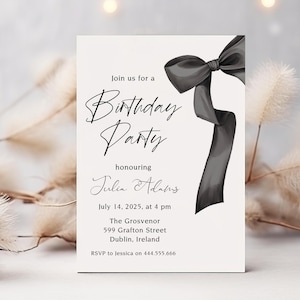 Black Bow Birthday Invitation Template, Milestone Party (Digital Download)