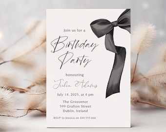 Black Ribbon Coquette 30th 40th 50th Birthday Party, Editable Black Bow Birthday Invitation Template, Minimalist Black Bow Birthday Invite,