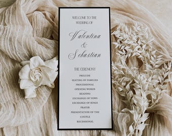 Elegante Schwarz-Weiß-Hochzeit Programm Vorlage, Service bestellen, Hochzeit & Timeline Reiseplan, druckbare Zeremonie Programm, elegant