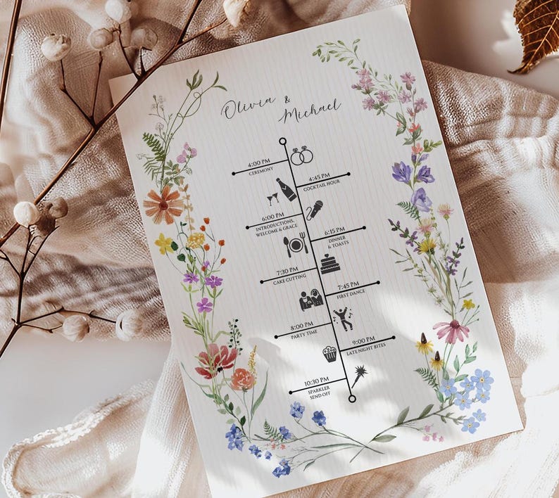 May include: A wedding timeline card with the names "Olivia & Michael" at the top. The card features a floral border with a timeline of events, including the ceremony, cocktail hour, dinner, and first dance.