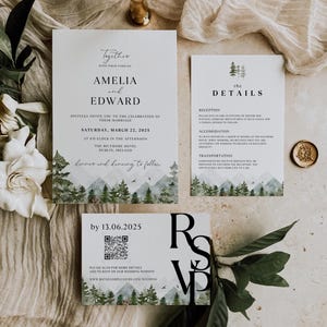 Ensemble de modèles de faire-part de mariage en montagne, suite d'invitations de mariage de pins forestiers, carte de détails sauge rustique, RSVP imprimable, téléchargement