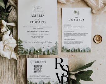 Mountain Wedding Invitation Template Set, Woodland Forest Pine Wedding Invite Suite, Rustic Sage Details Card, Printable RSVP, Download