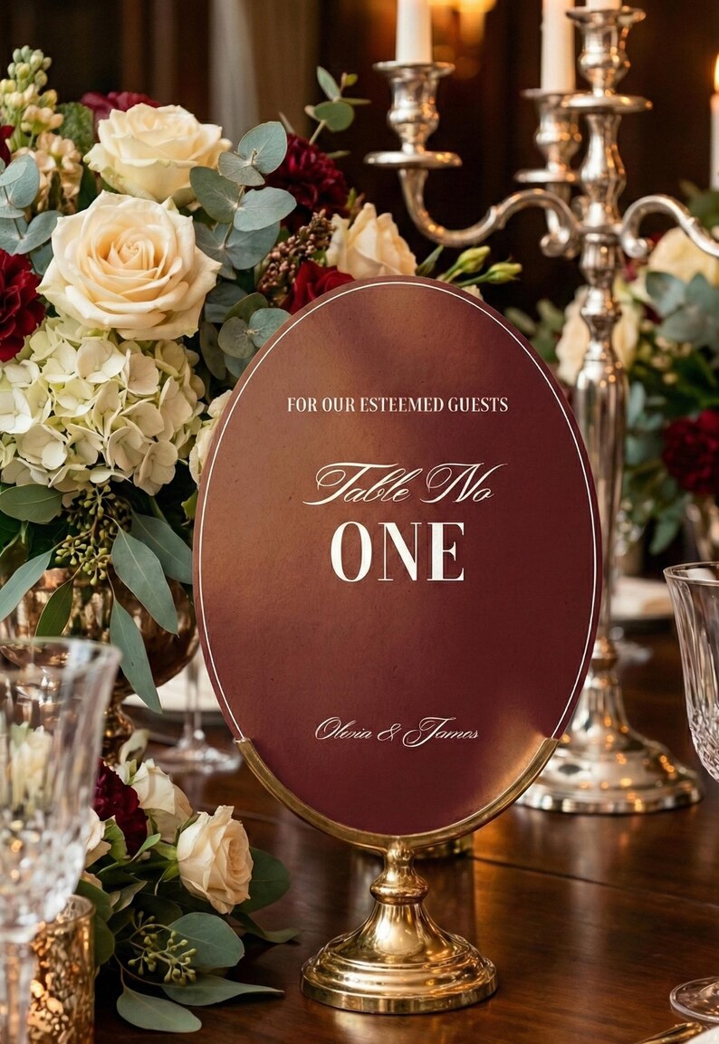 Op de afbeelding: Een bordeauxrode tafelnummerbord met gouden rand en voet, met de tekst "Table No ONE" en de namen "Olivia & James". Het bord staat op een tafel met bloemstukken en kaarsen.