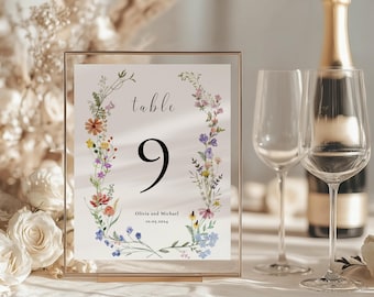 Sjabloon tafelnummers wilde bloemen bruiloft, afdrukbare tabelnummers, tafelnummers bruiloft, uitnodiging pastel wilde bloemen, krans, NELLY