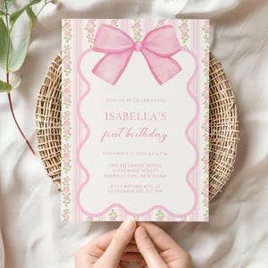 Pink Bow Baby Shower Invitation | Elegant Rose Floral (PDF)