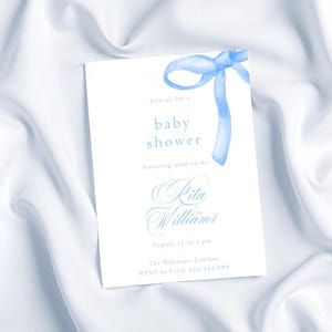 Blue Bow Baby Shower Invitation, Baby Shower Baby Blue Watercolor Ribbon Minimalist 1st Birthday Editable Template, Digital Download
