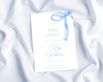 Blue Bow Baby Shower Invitation, Watercolor Ribbon (Digital Download)