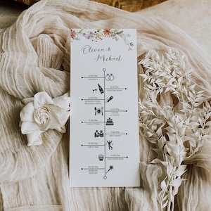 May include: A white wedding timeline card with floral accents and the names "Olivia & Michael" in elegant script. The card details the wedding schedule with icons representing each event, such as the ceremony, cocktail hour, and first dance.