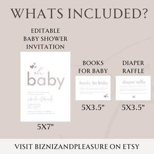 May include: A printable baby shower invitation with a pink and white color scheme. The invitation says "oh baby" and includes a diaper raffle and books for baby cards. The invitation is 5x7 inches, the cards are 5x3.5 inches.