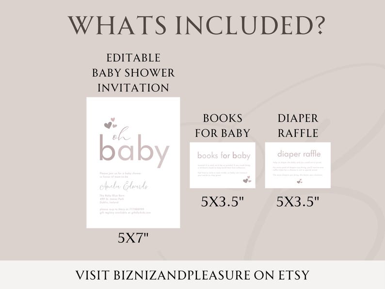 May include: A printable baby shower invitation with a pink and white color scheme. The invitation says "oh baby" and includes a diaper raffle and books for baby cards. The invitation is 5x7 inches, the cards are 5x3.5 inches.