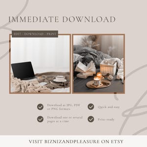 Op de afbeelding: Advertentie voor een digitale download met twee interieursc&egrave;nes. E&eacute;n toont een laptop, koffiekopje en deken. De andere toont boeken, kaarsen en een mand. Tekst bevat "DIRECT DOWNLOADEN" en instructies voor downloaden en afdrukken.