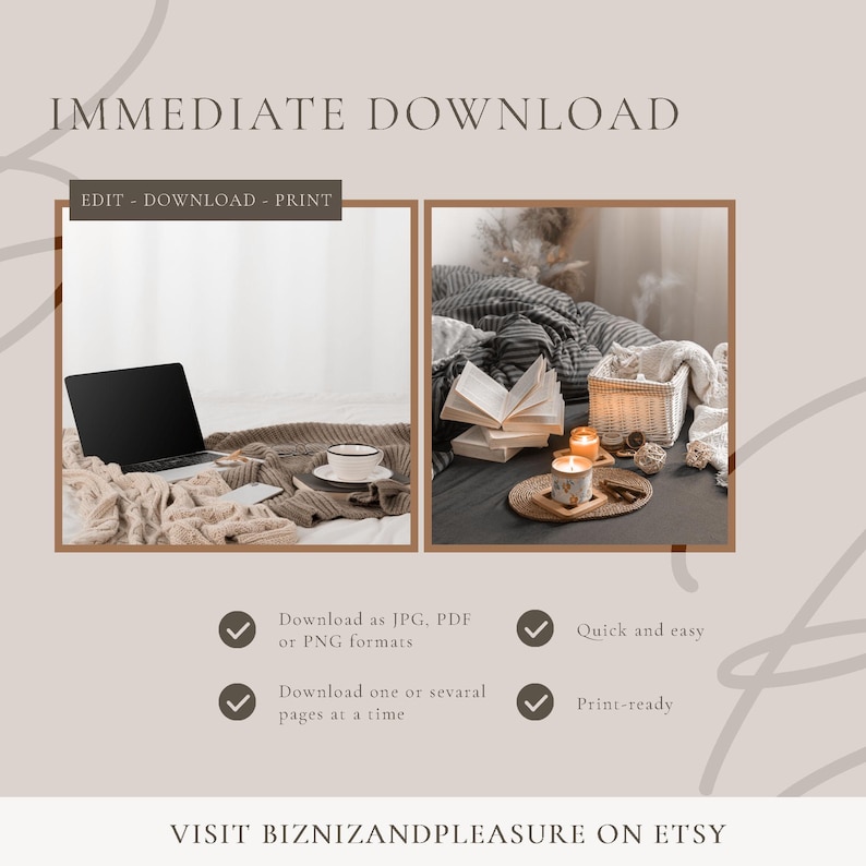 Op de afbeelding: Advertentie voor een digitale download met twee interieursc&egrave;nes. E&eacute;n toont een laptop, koffiekopje en deken. De andere toont boeken, kaarsen en een mand. Tekst bevat "DIRECT DOWNLOADEN" en instructies voor downloaden en afdrukken.