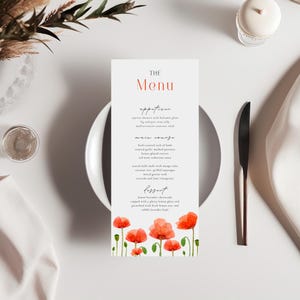 Modello di menu per matrimonio con papaveri rossi, menu per cena di matrimonio con papaveri rossi stampabile, download del menu con fiori di papavero, menu per evento modificabile, digitale, fai da te