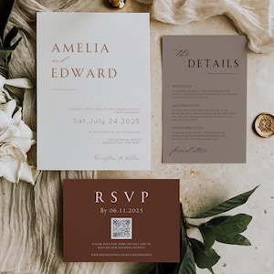 Suite di inviti per matrimonio in terracotta, invito per matrimonio scaricabile con codice QR, pacchetto set Boho, RSVP online minimalista, modificabile