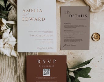 Terracotta Wedding Invitation Suite, Downloadable Wedding Invitation With Qr Code, Boho Set Bundle, Minimalist Online Rsvp, Editable