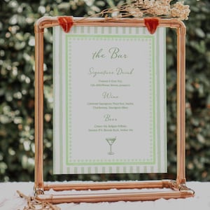 Green Striped Wedding Bar Menu Template: Elegant Signature Drink Sign (PDF Download 5x7 & 8x10in
