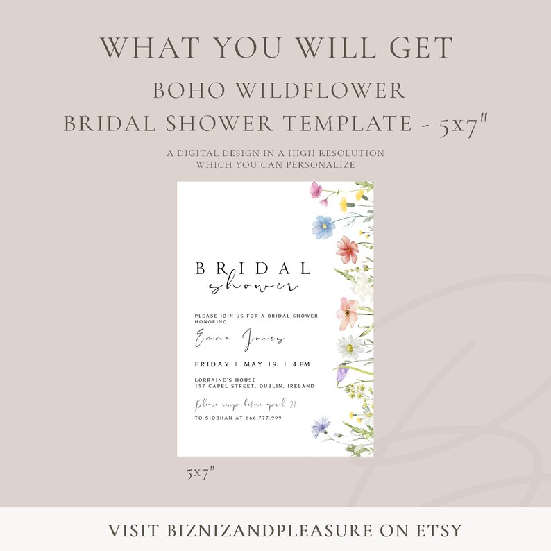 May include: A printable 5x7 inch bridal shower invitation template with a watercolor floral design. The text reads "Bridal Shower" and includes the name "Emma Jones" and the date "Friday, May 19, 4 PM".