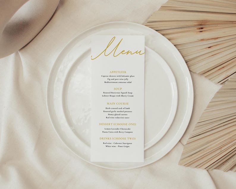 Editable Gold Menu Card Template, Wedding Dinner Menu Gold, Printable ...
