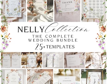 Wildflower Wedding Invitation Template | Printable Boho Floral Bundle | Elegant Wreath Design for Rustic Weddings | Wildflower Bundle, NELLY