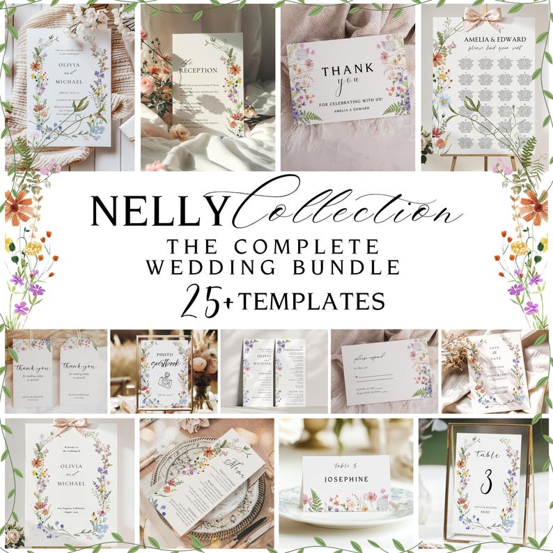 Wildblumen Hochzeit Einladung Vorlage | Druckbares Boho Blumen Bundle | Elegantes Kranz-Design für Rustikale Hochzeiten | Wildblumen-Bündel, NELLY Bild 1
