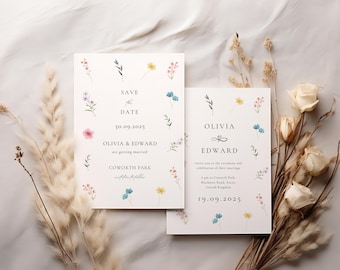 Wildflower Wedding Invitation Template, Wildflower Wedding Invite Set, Printable Wedding Invitation Template Suite, Field Flowers, Download