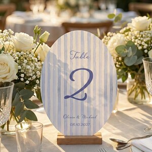 Blue Striped Oval Table Number Template Wedding Table Sign Editable ...