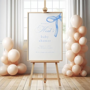 Blue Bow Baby Shower Welcome Sign, Baby Shower Blue Watercolor Ribbon Minimalist 1st Birthday Digital Template, EDITABLE, Shower Template