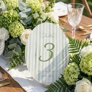 K&ouml;nnte beinhalten: Eine ovale Tischnummerkarte mit gr&uuml;n-wei&szlig;en Streifen, die die Nummer 3 anzeigt. Die Karte enth&auml;lt auch den Text "Table", die Namen "Olivia & Michael" und das Datum "08.10.2027". Die Karte steht auf einem Holztisch mit Blumengestecken.