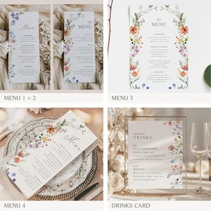 K&ouml;nnte beinhalten: Vier verschiedene Speisekarten mit floralen Designs. Die Karten sind auf wei&szlig;em Papier mit schwarzem Text gedruckt. Die erste Karte hat das Wort "Menu" oben und listet Vorspeisen, Hauptgerichte und Desserts auf. Die zweite Karte hat das Wort "Menu" oben und listet Vorspeisen, Hauptgerichte und Desserts auf. Die dritte Karte hat das Wort "Menu" oben und listet Vorspeisen, Hauptgerichte und Desserts auf. Die vierte Karte hat das Wort "Menu" oben und listet Vorspeisen, Hauptgerichte und Desserts auf.