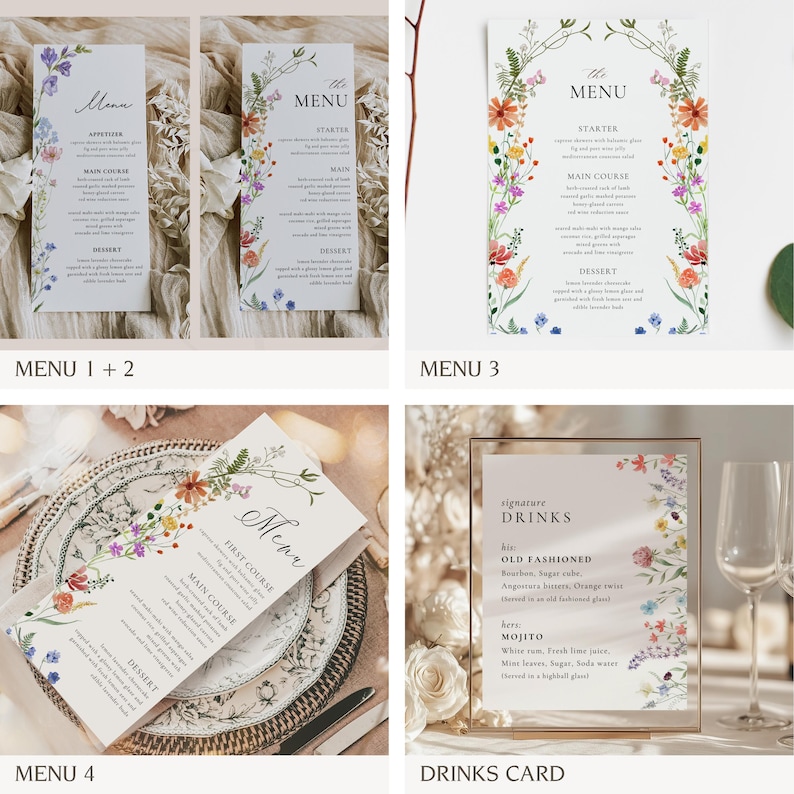 K&ouml;nnte beinhalten: Vier verschiedene Speisekarten mit floralen Designs. Die Karten sind auf wei&szlig;em Papier mit schwarzem Text gedruckt. Die erste Karte hat das Wort "Menu" oben und listet Vorspeisen, Hauptgerichte und Desserts auf. Die zweite Karte hat das Wort "Menu" oben und listet Vorspeisen, Hauptgerichte und Desserts auf. Die dritte Karte hat das Wort "Menu" oben und listet Vorspeisen, Hauptgerichte und Desserts auf. Die vierte Karte hat das Wort "Menu" oben und listet Vorspeisen, Hauptgerichte und Desserts auf.