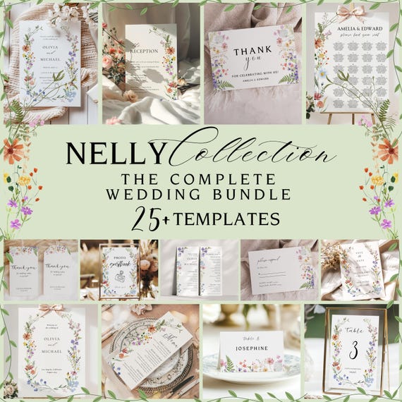 Wildflower Wedding Invitation Template | Printable Boho Floral Bundle | Elegant Wreath Design for Rustic Weddings | Wildflower Bundle, NELLY