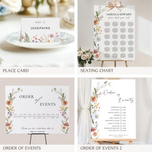 K&ouml;nnte beinhalten: Hochzeitsbeschilderung mit floralem Design. Die Schilder beinhalten einen Sitzplan, die Reihenfolge der Ereignisse und Platzkarte. Der Text auf den Schildern lautet "Amelia & Edward", "Reihenfolge der Ereignisse", "Zeremonie", "Cocktails", "Abendessen", "Erster Tanz", "Reden und Toast", "Kuchenanschnitt", "Tanzen", "Funkenabschluss", "Letzter Shuttle", "Tisch 8", "Josephine" und "Bitte finden Sie Ihren Platz".