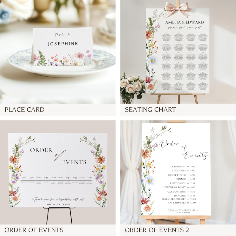 K&ouml;nnte beinhalten: Hochzeitsbeschilderung mit floralem Design. Die Schilder beinhalten einen Sitzplan, die Reihenfolge der Ereignisse und Platzkarte. Der Text auf den Schildern lautet "Amelia & Edward", "Reihenfolge der Ereignisse", "Zeremonie", "Cocktails", "Abendessen", "Erster Tanz", "Reden und Toast", "Kuchenanschnitt", "Tanzen", "Funkenabschluss", "Letzter Shuttle", "Tisch 8", "Josephine" und "Bitte finden Sie Ihren Platz".