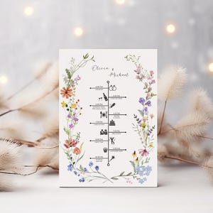 May include: A wedding timeline card featuring the names "Olivia & Michael" at the top. The card has a floral border with colorful flowers. The timeline includes ceremony, dinner, and party details, with corresponding icons.